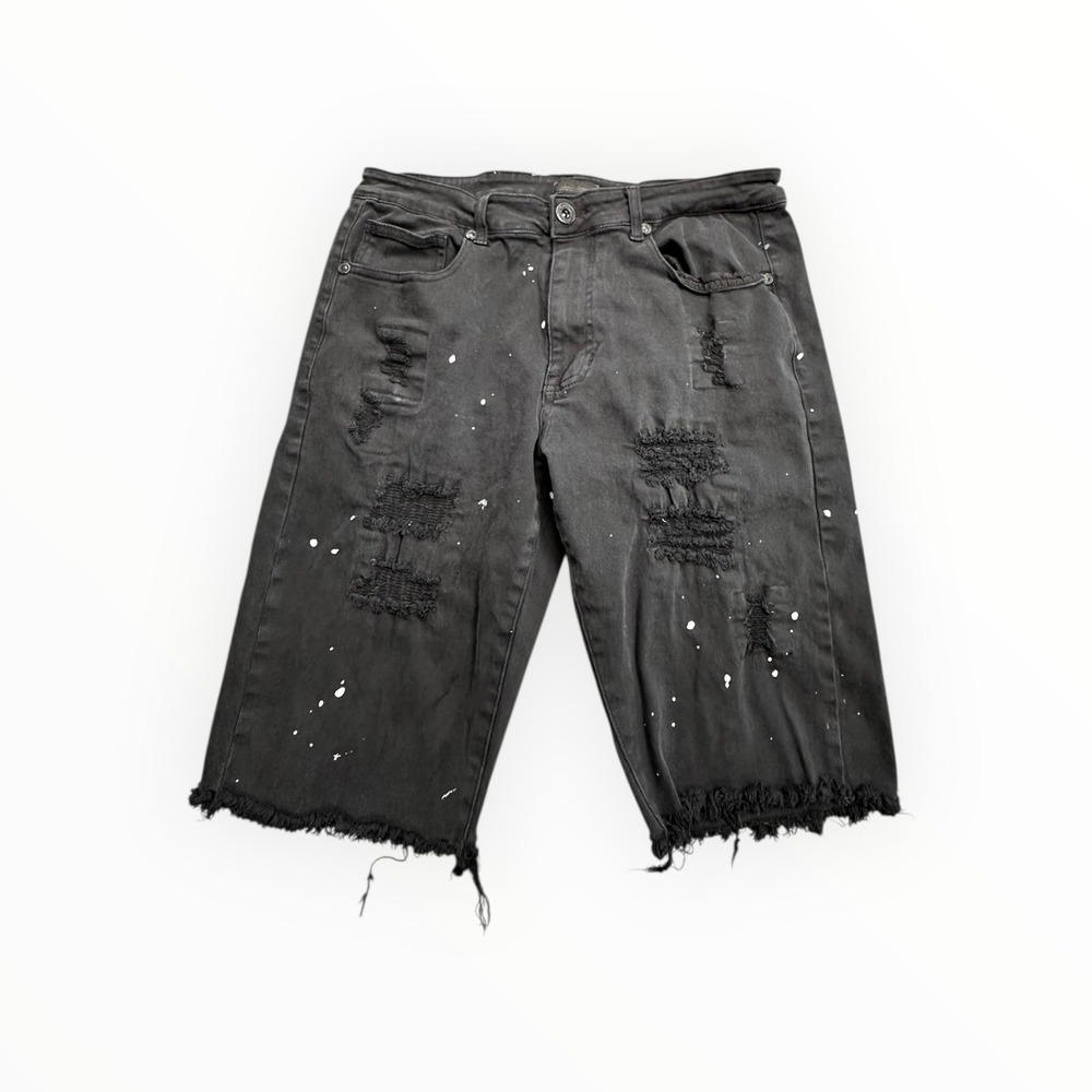 Bleecker & Mercer Shorts Mens 34 Black Distressed‎ Paint Splatter Denim Frayed